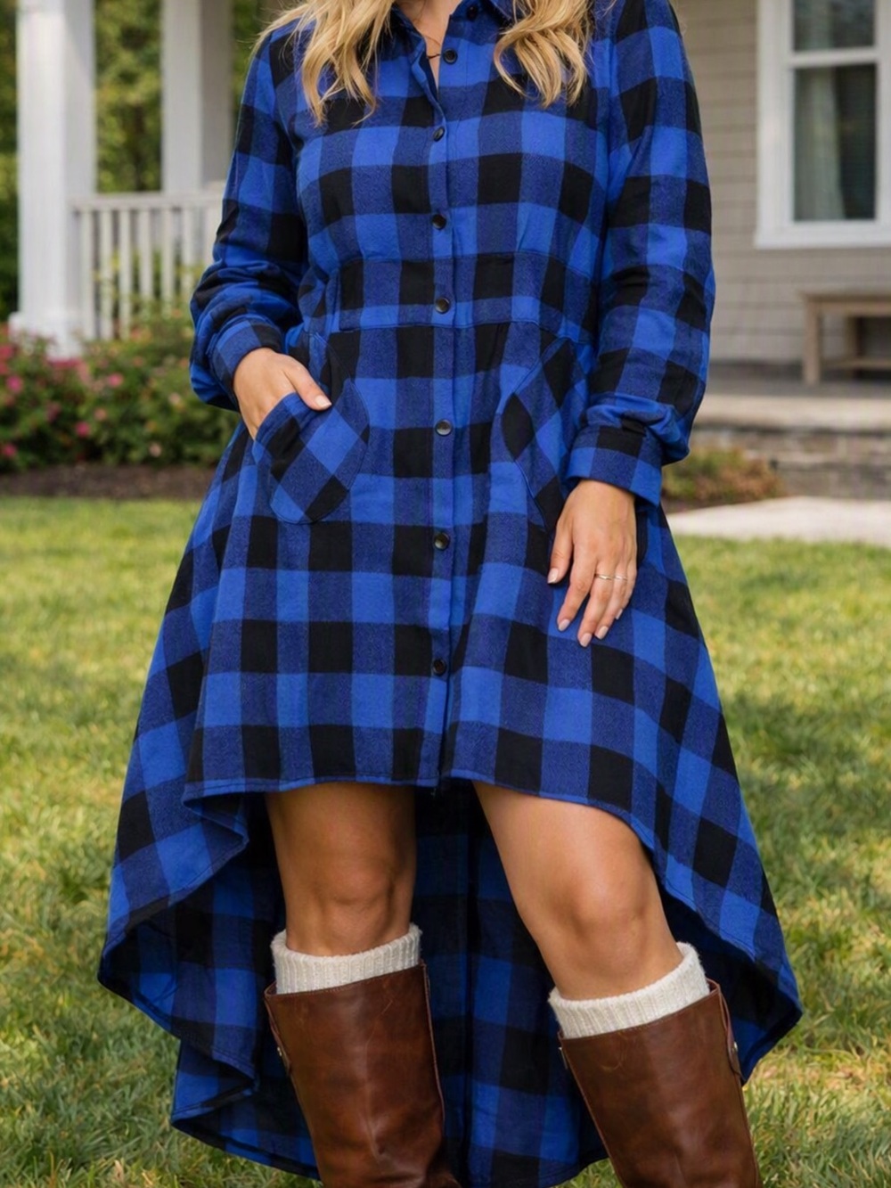 Blue and Black Buffalo Plaid High-Low Shirt Dress 2x